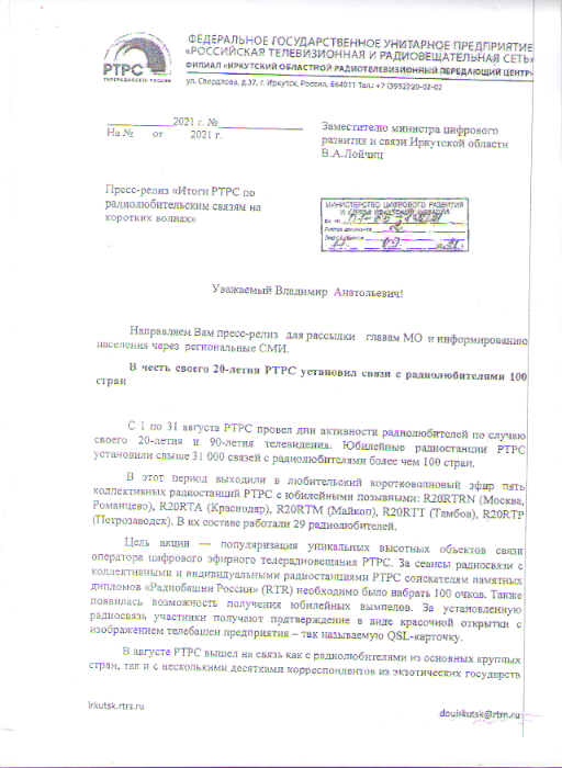 В честь своего 20-летия РТРС установил связи с радиолюбителями 100 стран